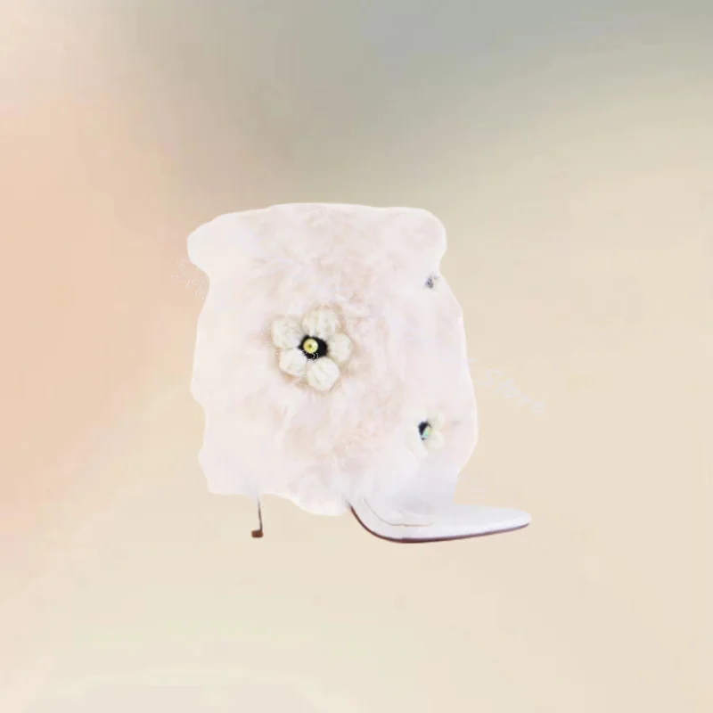 

White Fur Flower Decor PVC Open Toe Sandals Boots Slip On Women Shoes Thin High Heels Fashion Banquet 2024 Zapatos Para Mujere