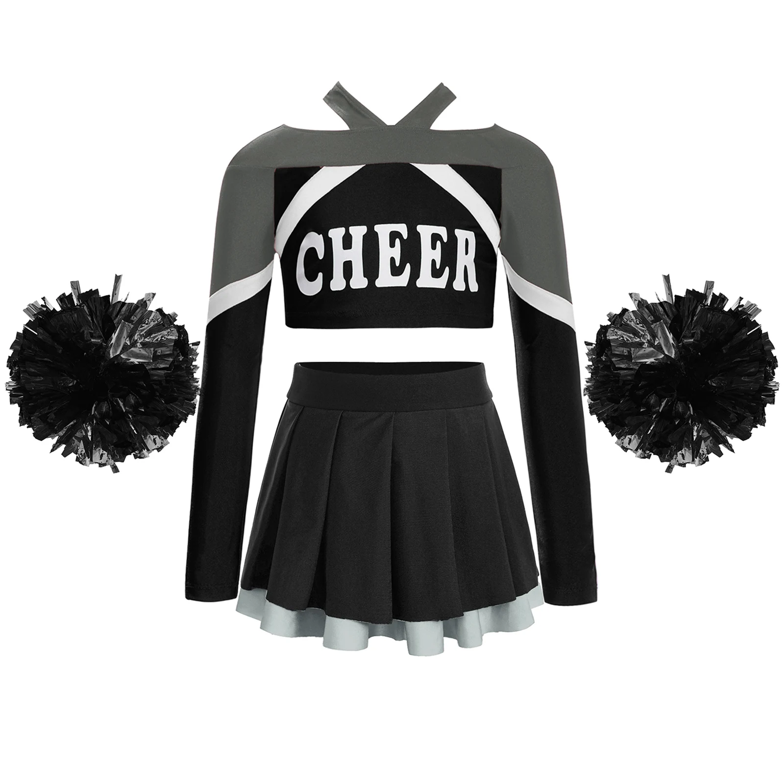 Girls Cheerleading Hip Hop Dance Costumes Outfit 3Pcs Long Sleeve Letter Print Color Block Crop Top+Pleated Skirt+Flower Balls