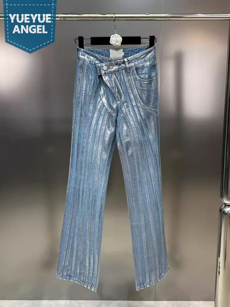 Designe High Street Fashion Women Jeans Spliced Stripes Casual Denim Pants Personality Spring Summer Female Straight Trousers