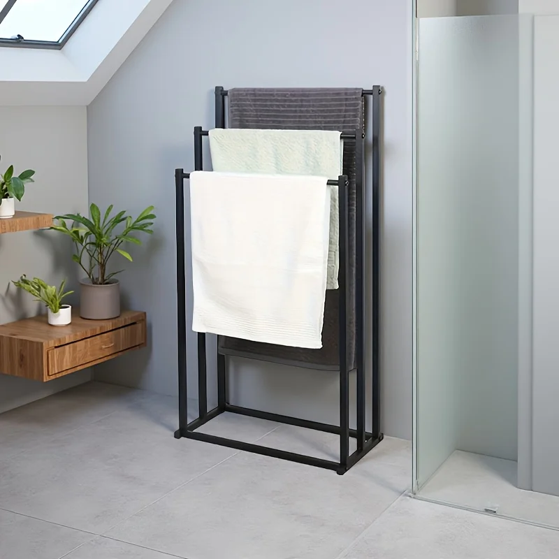 Modern Vertical Towel Rack - Durable Iron, Floor-Mounted Design with 3 Hooks, Ideal for Bathroom, Bedroom, Kitchen, Laundry Room