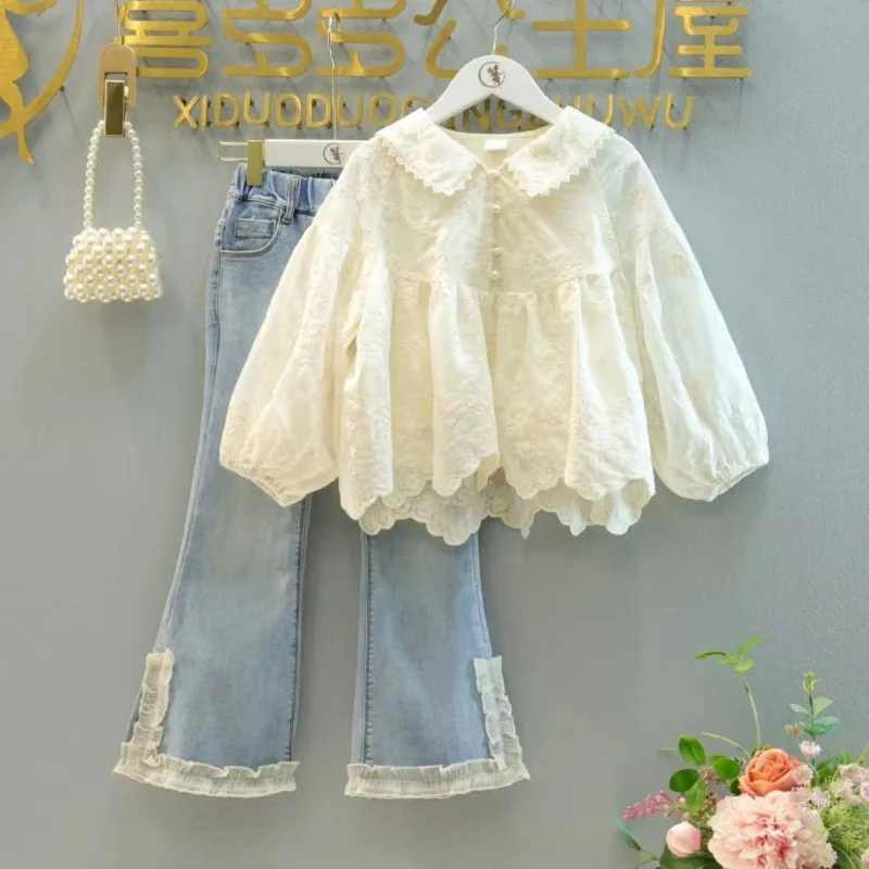 

2025 Autumn New Children's Fashionable Cotton Lace Button Decorative Shirt