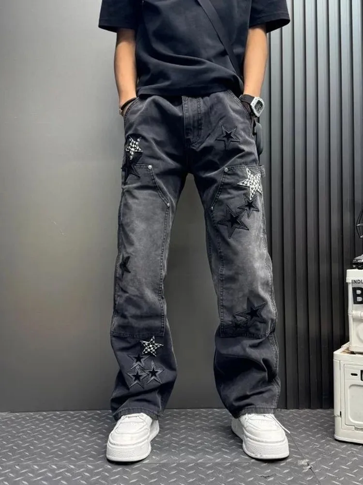 Autumn and Spring New Fashion Trend Printed American Vintage Straight Leg Jeans Men's Casual Sports Plus Size High Quality Pants