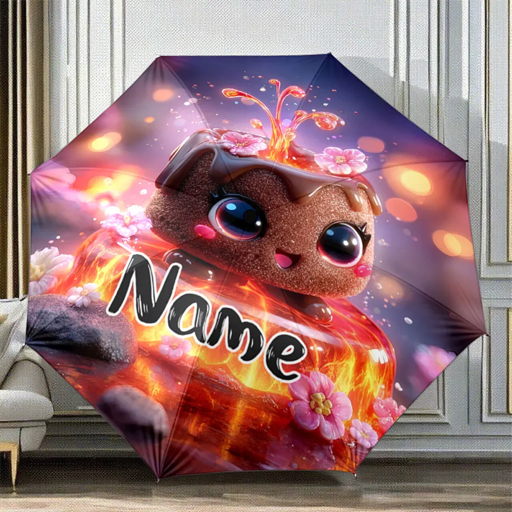 Custom Name Umbrella Cute Chocolate Cake Character with Lava and Flowers Design Portable Folding Umbrella,Christmas Gift
