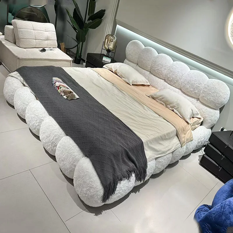 

Modern minimalist cream wind puff Internet celebrity bedroom soft bag double white fabric princess bed