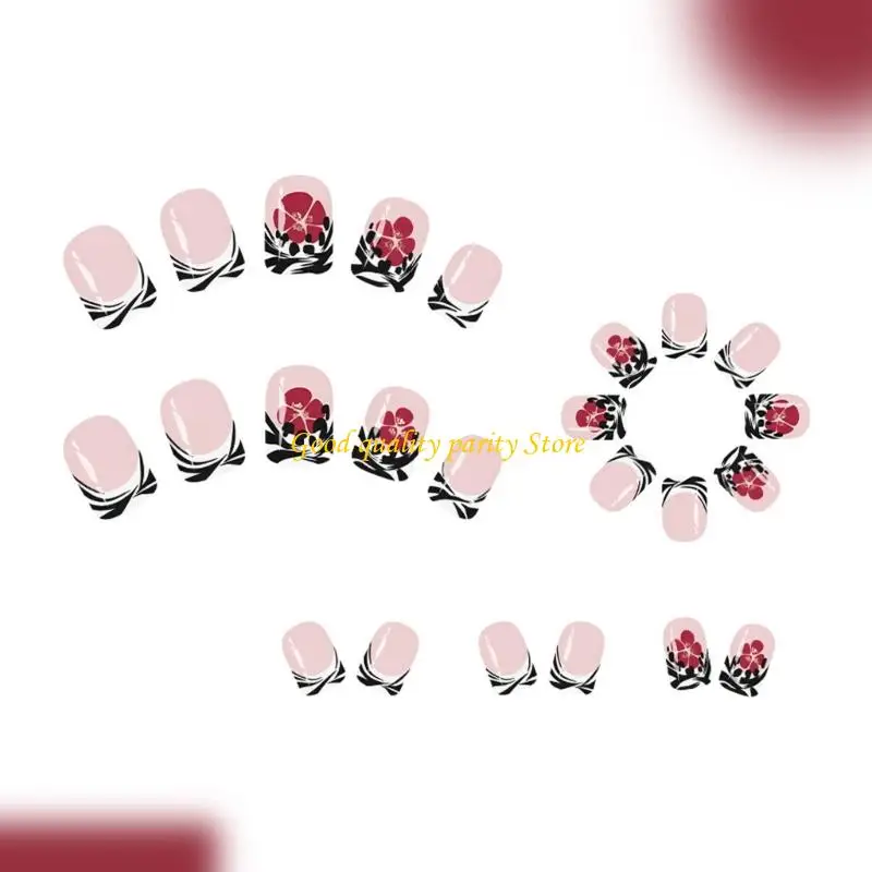 M4YA – lot 24 ongles artificiels en plastique à rayures noires rouges, paillettes florales à pression