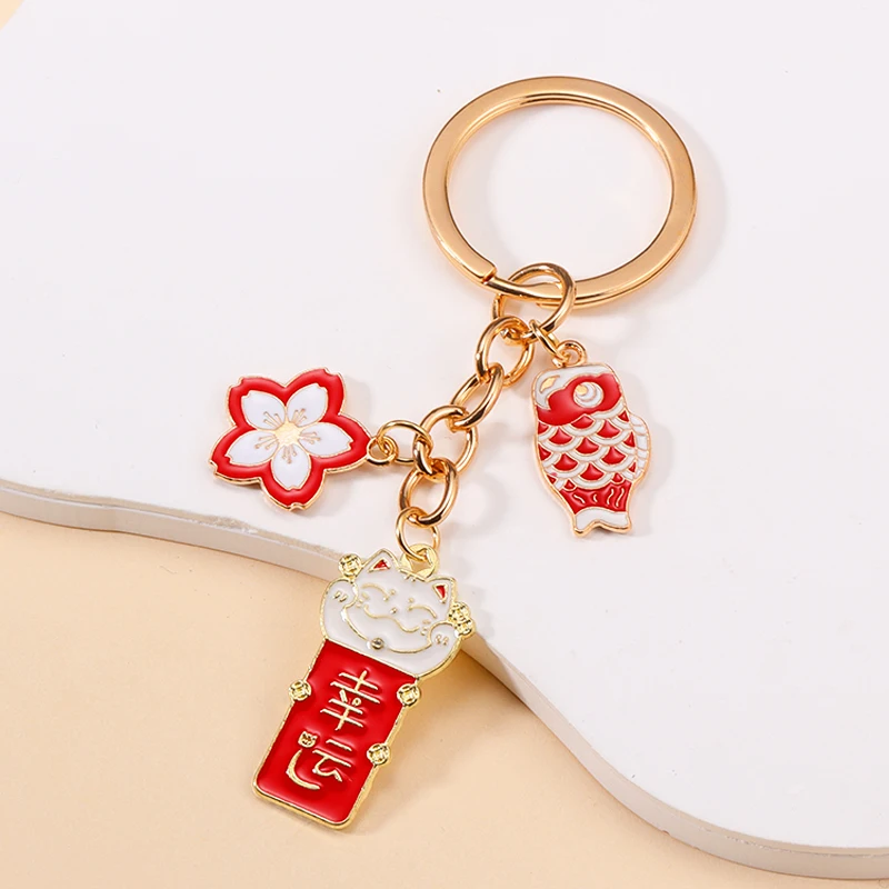 Delicate Enamel Chinese Luck Fortune Amulet Charms Keychain Bags Car Key Cute Cat Pendants Key Chain DIY Jewelry Party Gifts