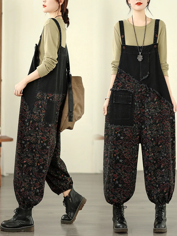 Casual Printed Denim Overalls Women's plus Size Faionable Personali Wide Leg Pants High Waist Straight Cut Spring Season
