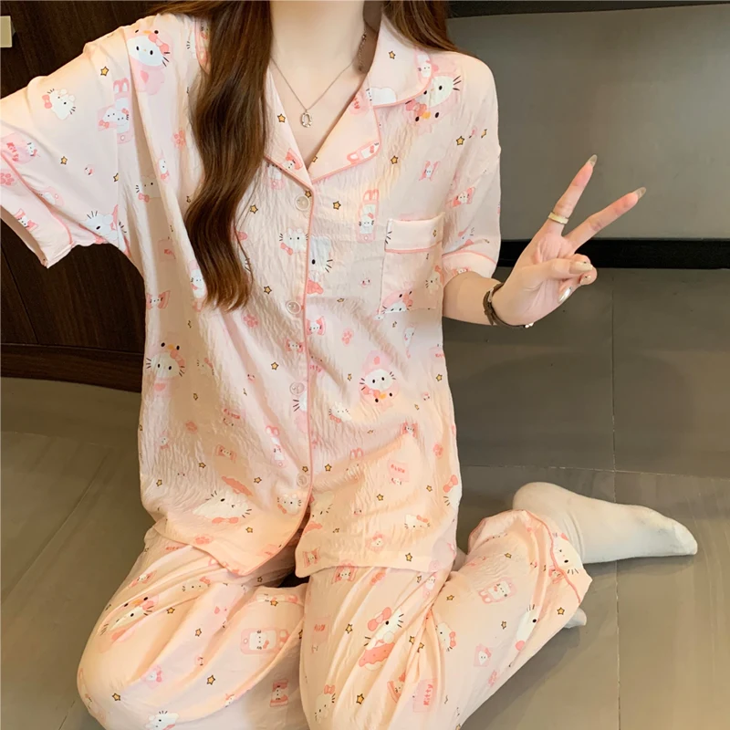 Летние брюки с короткими рукавами, милые повседневные пижамы KT с рисунком кота, женский комплект домашней одежды