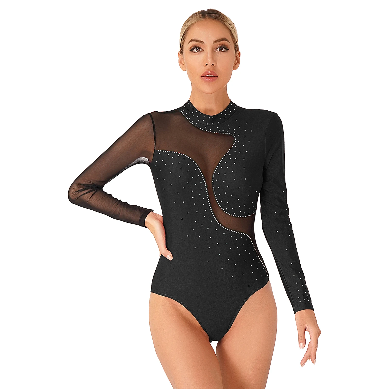 Women Shiny Rhinestone Ballet Gymnastics Leotard Sheer Mesh Splice Long Sleeve Bodysuit Adult Figure Skating Acrobatics Jumpsuit