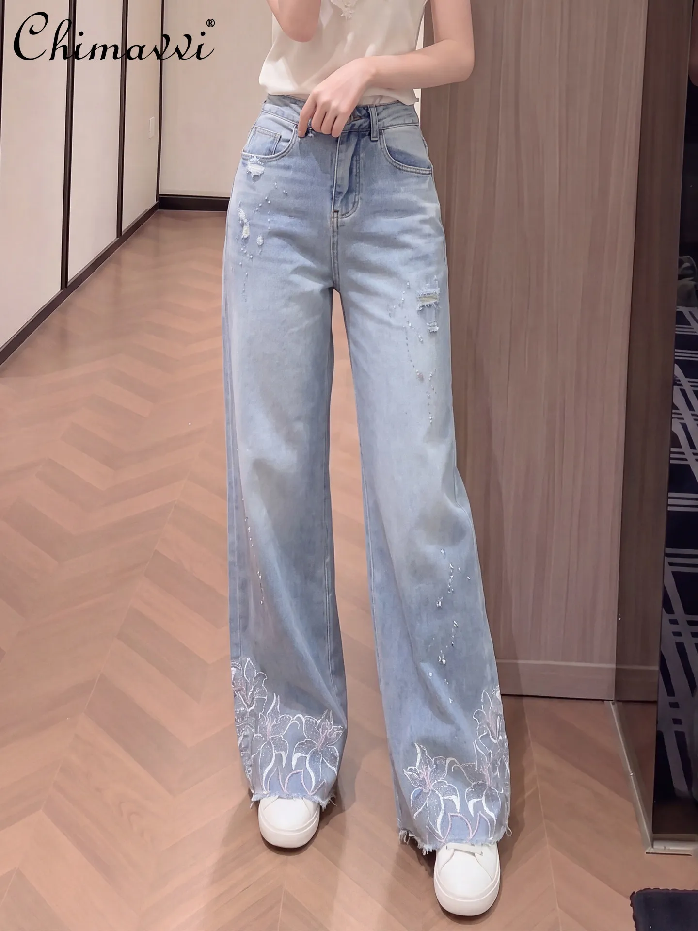

Heavy Embroidered Hot Diamond Denim Loose Pants Women's 2026 Spring Summer New Fashion High Waist Loose Slim Long Mop Pants