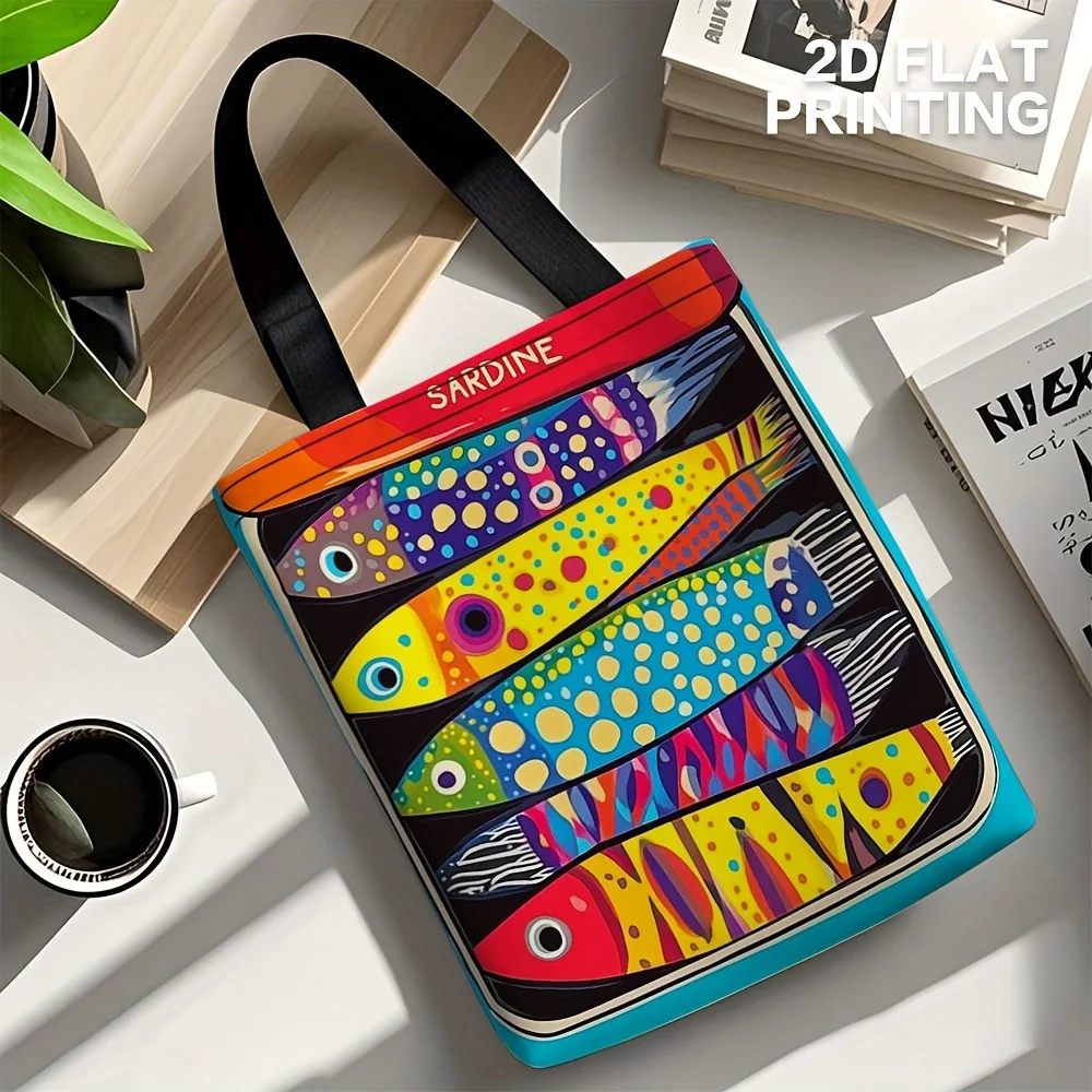 1pc Stylish Unisex Tote Bag Bold Colorful Sardine & Floral Print Design, High-Quality Lightweight Shoulder Bag Vibrant Pattern