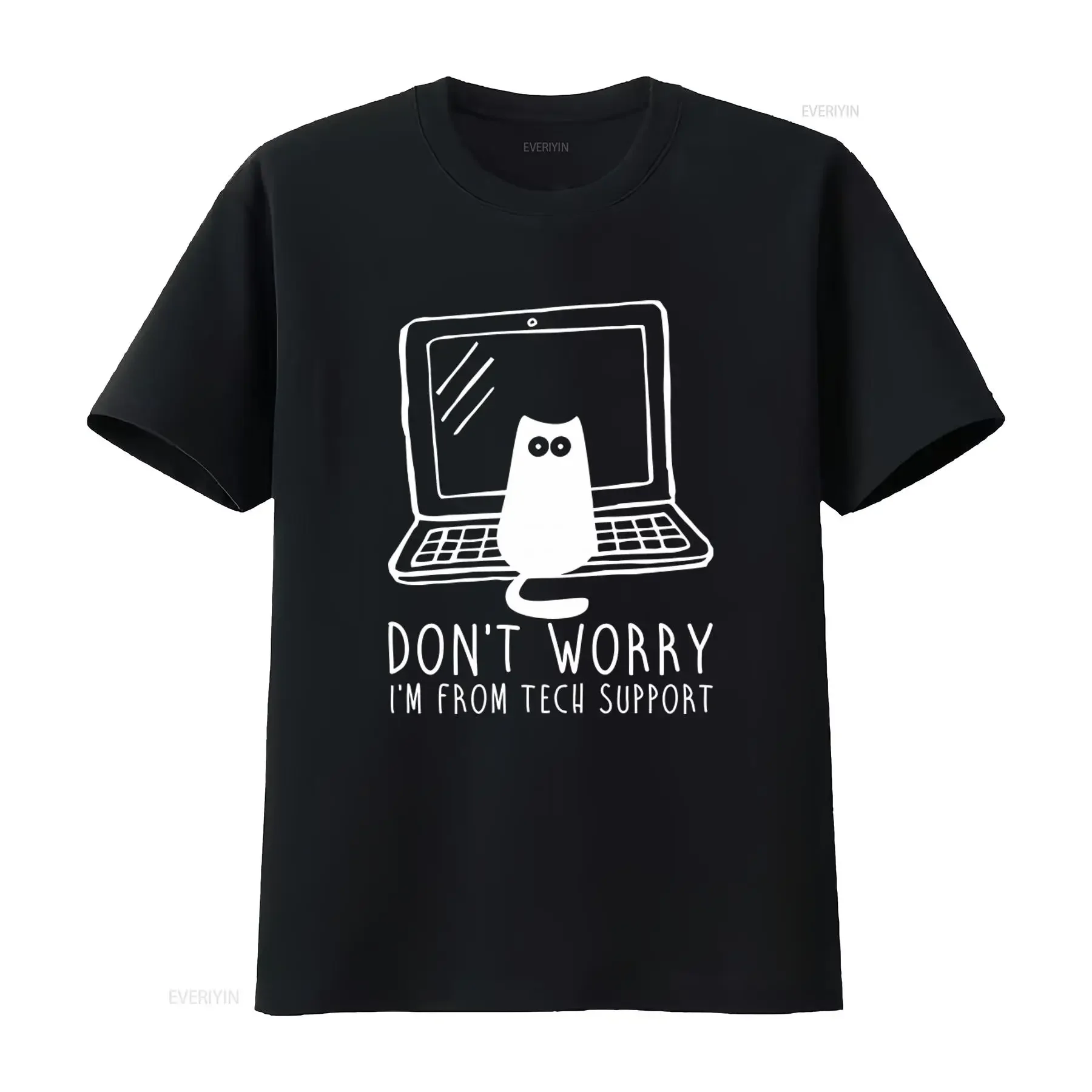 Cat Don't Worry I'm From Tech Support Geek Gamer T Shirt Funny  vintage Washed homme Unisex streetwear Slightly Breathable