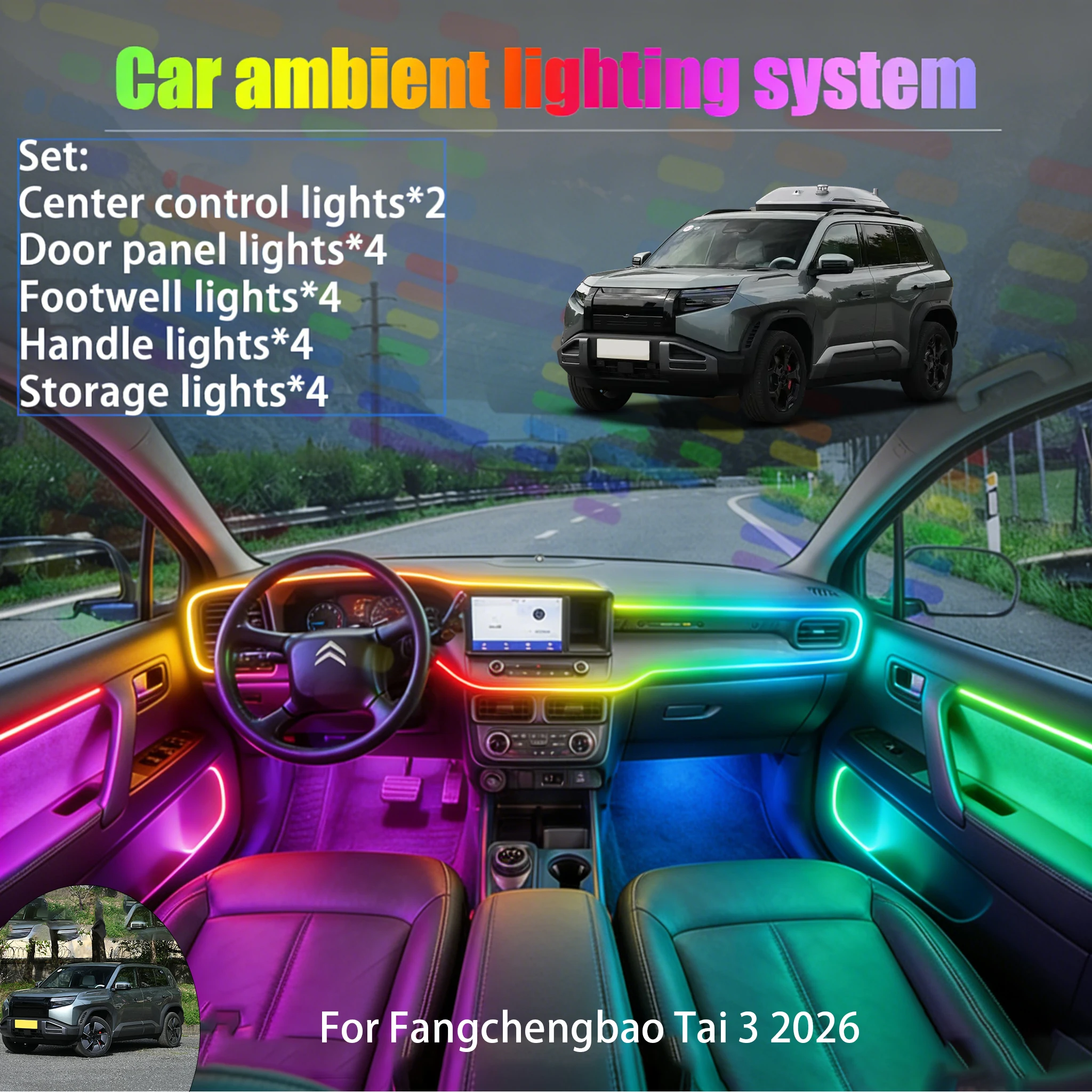 

For Fangchengbao Tai 3 2026 2/18 in 1 Car ambient lighting Led trunk interior led lights USB RGB Ensemble Streamer Auto Parts