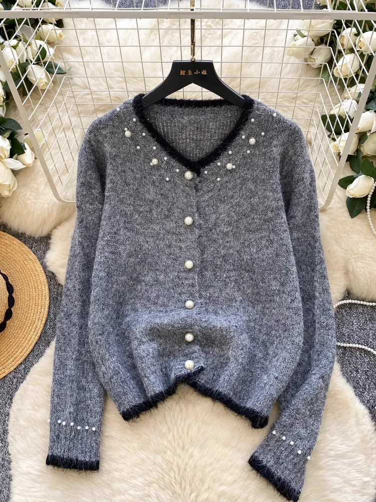 Kardigan Rajut Wanita Model O-Neck Mutiara Vintage, Pakaian Musim Gugur, Fashion Korea, Sweater Kancing Tunggal, Atasan Wanita