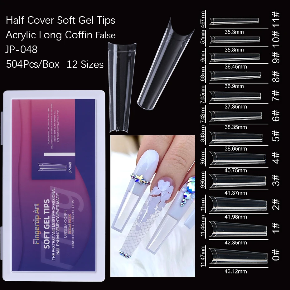 504Pcs/12 Sizes Coffin Ballet Duck Feet Clear Acrylic Nail False Clear Artificial Extension Tips Accessories Kit Press on Nails