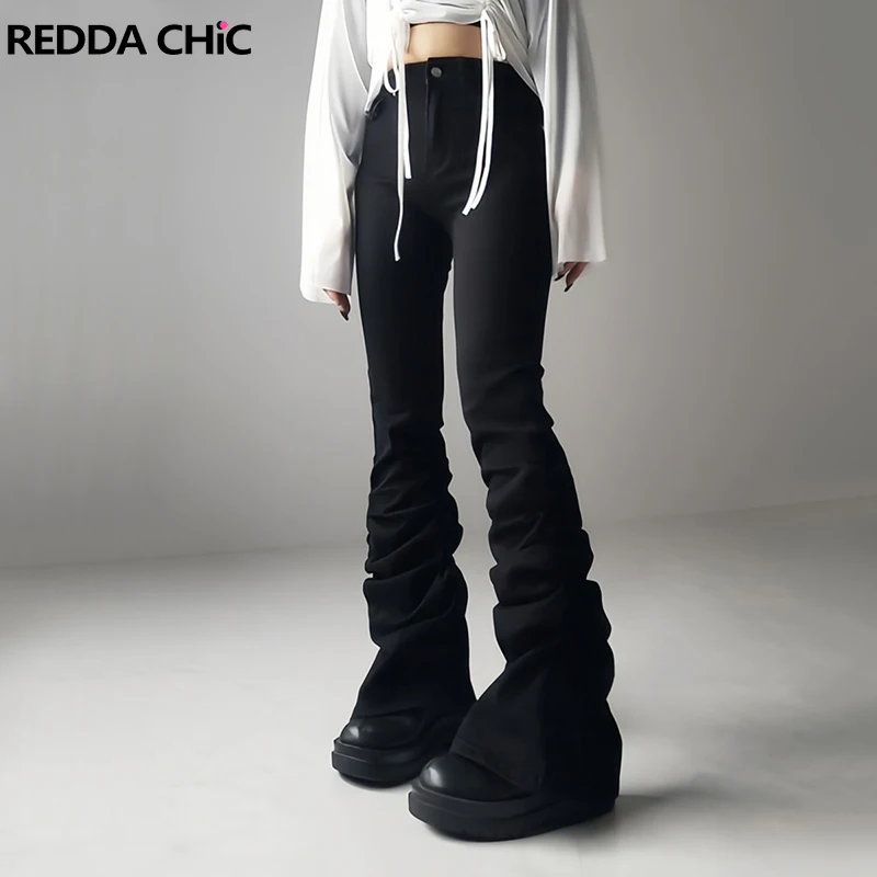

REDDACHiC Korea Women Shirring Tight Jeans Black Solid High Waist Bootcut Stretch Denim Pants Vintage Y2k J-Fashion Bell Bottoms