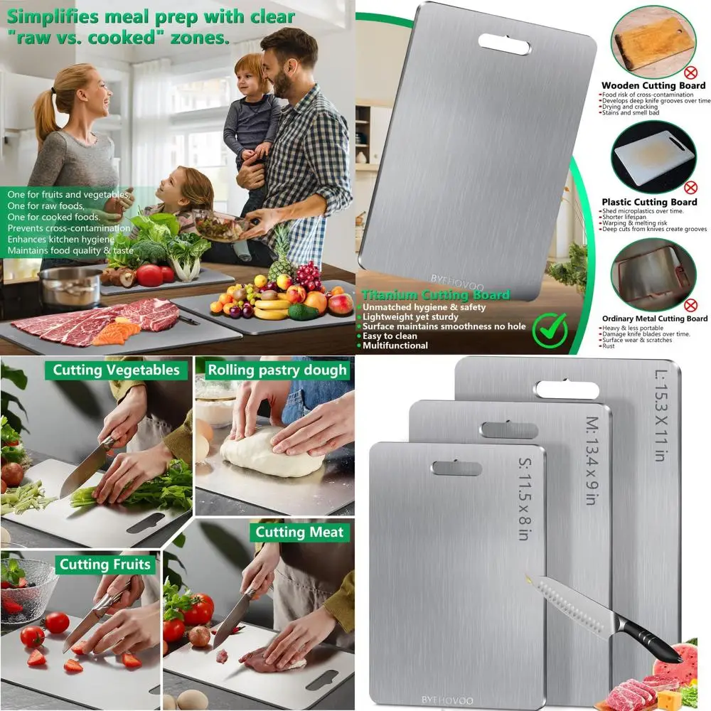 

Двусторонние разделочные доски из чистого титана в тройной упаковке — непористая, легко чистится, можно мыть в посудомоечной машине для кухни и кемпинга