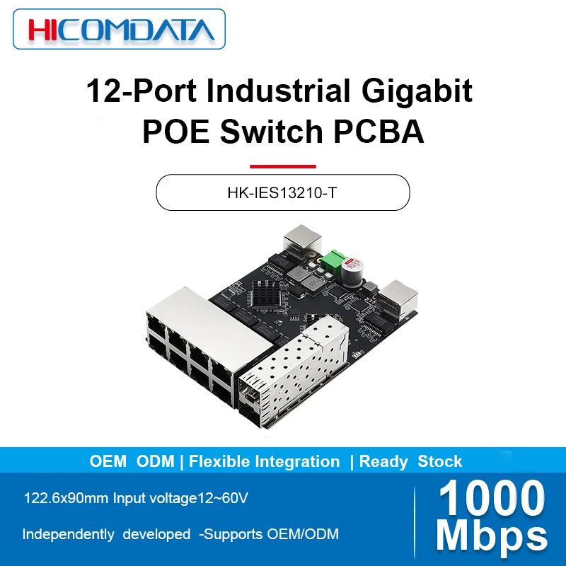 Industrial port gigabit switch PCBA module with 30W output per port, standard PoE switch motherboard with 12-60V voltage input
