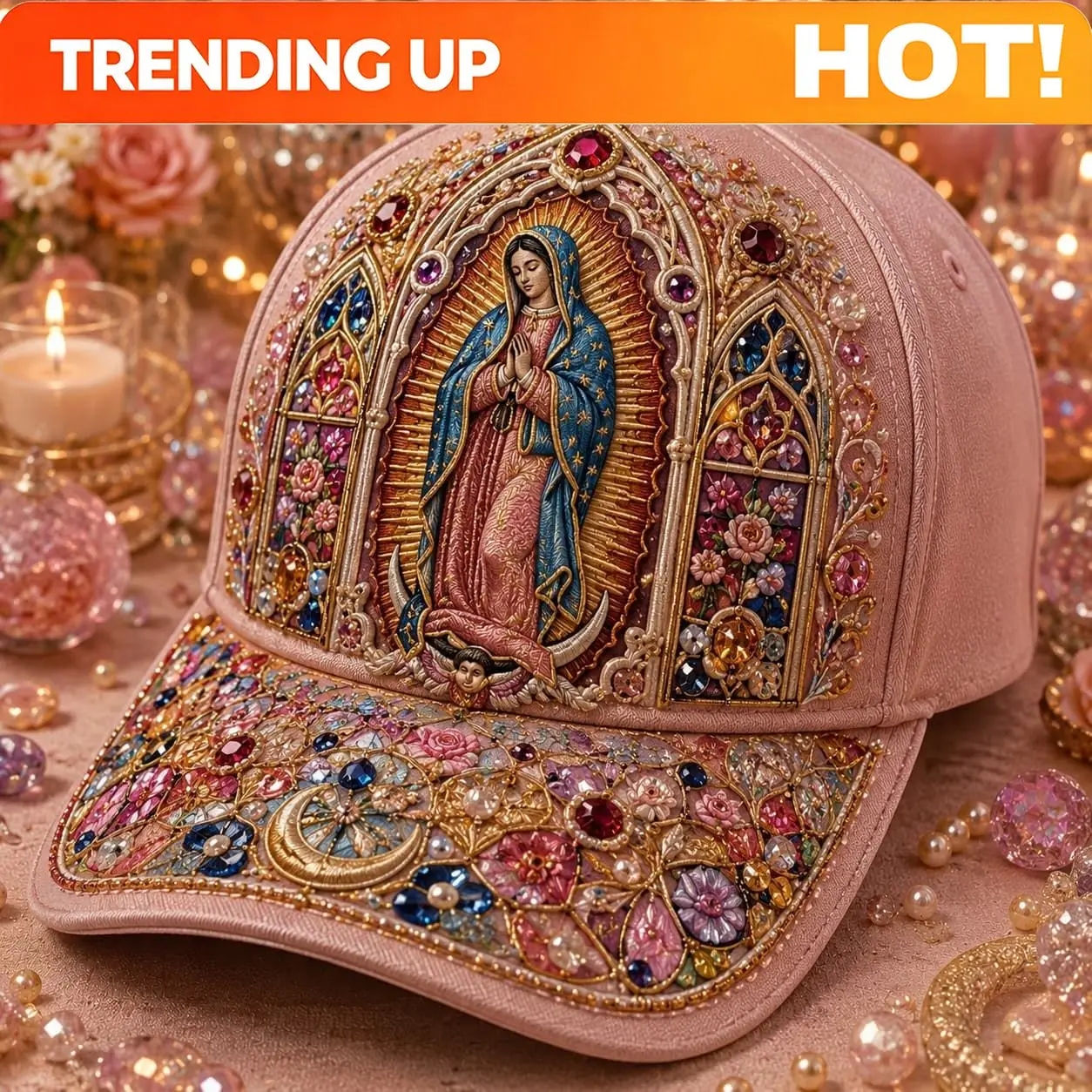 Customization Unisex Baseball Cap For Men And Women, Blush Pink Our Lady Of Guadalupe In Stained Glass Arch With Floral Side Pan
