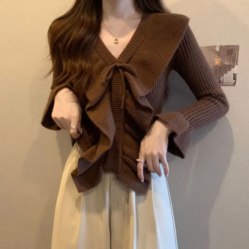 Fashion Ruffles Spliced Knitted Sweaters Slim Female Clothing All-match Solid Color 2024 Autumn Winter V-Neck Drawstring Jumpers