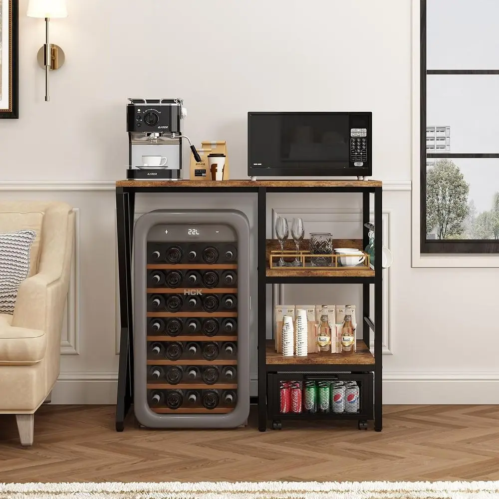 Multi-functional Kitchen Storage System with Rolling Basket, Coffee Bar, Mini Fridge, and Microwave Stand