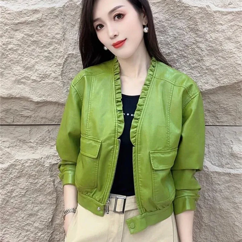 Spring Autumn Casual Short Leather Jacket for Women Fashion New Solid Color Lace V-neck Loose PU  Leather Motorcycle Jacket Top
