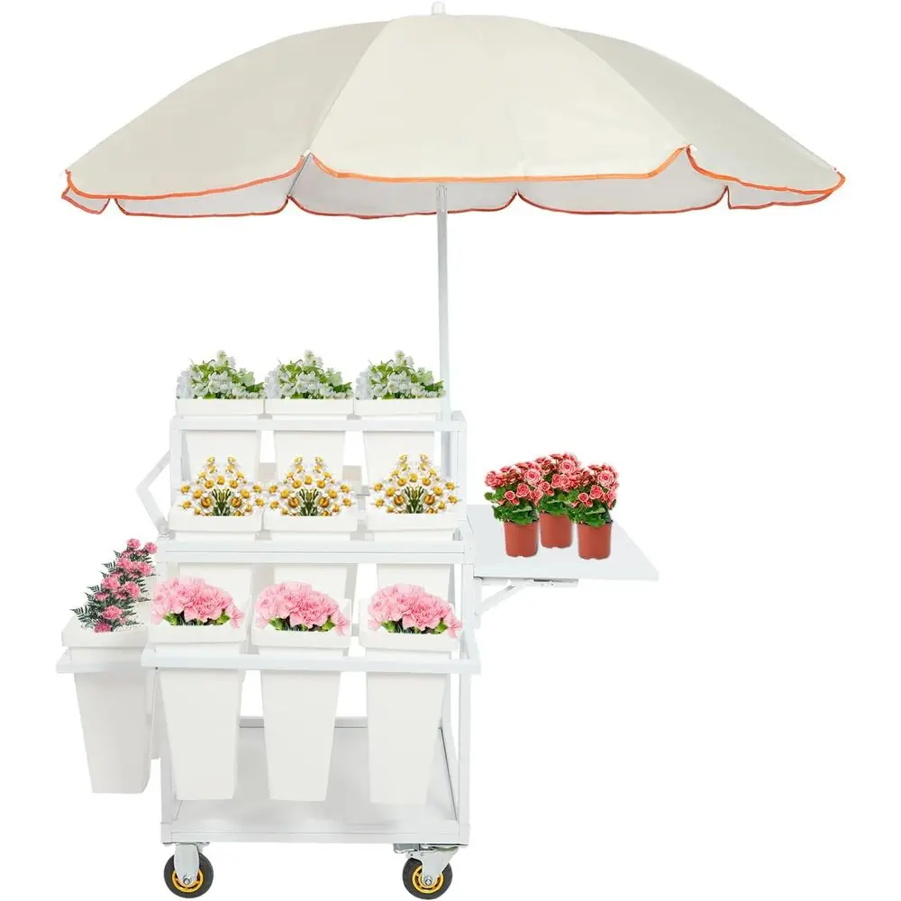 

Portable Outdoor Plant Stand with Umbrella Hole and 18 Planters, Rolling Display Rack for Garden, Patio, Events, and Market, Whi