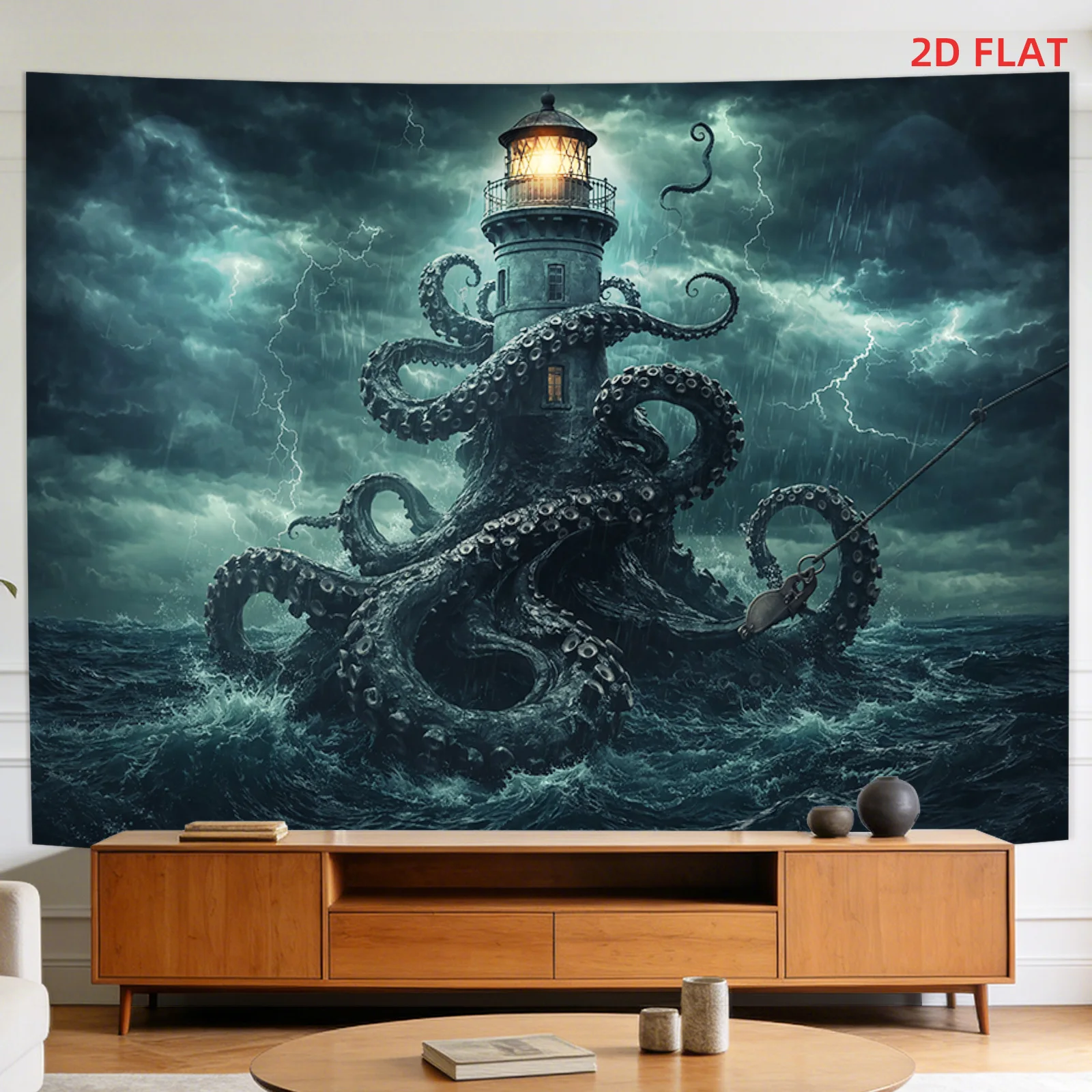 1pc Tapestry, 2D Flat Print Giant Octopus Tentacles Wrap Lighthouse Stormy Sea Lightning Tapestry, Decor for Bedroom Living Room