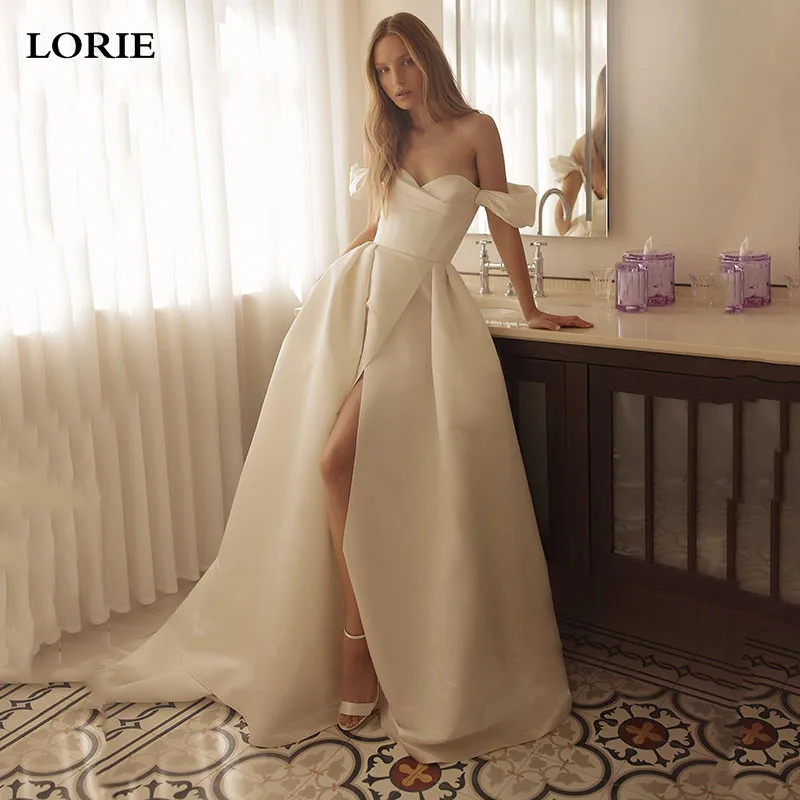 

LORIE Ivory A Line Wedding Dresses Sleeveless Soft Satin Off The Shoulder Bridal Gowns Side Split Wedding Party Gowns 2023