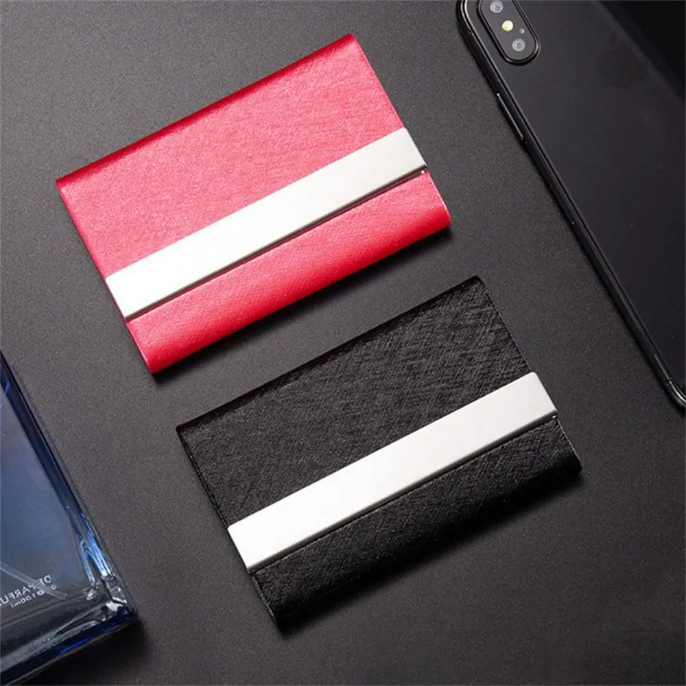 

PU Leather Business Card Case Stainless Steel Magnetic Buckle Name Card Holder Metal Slim Pocket ID Case Wallet Office Supplies