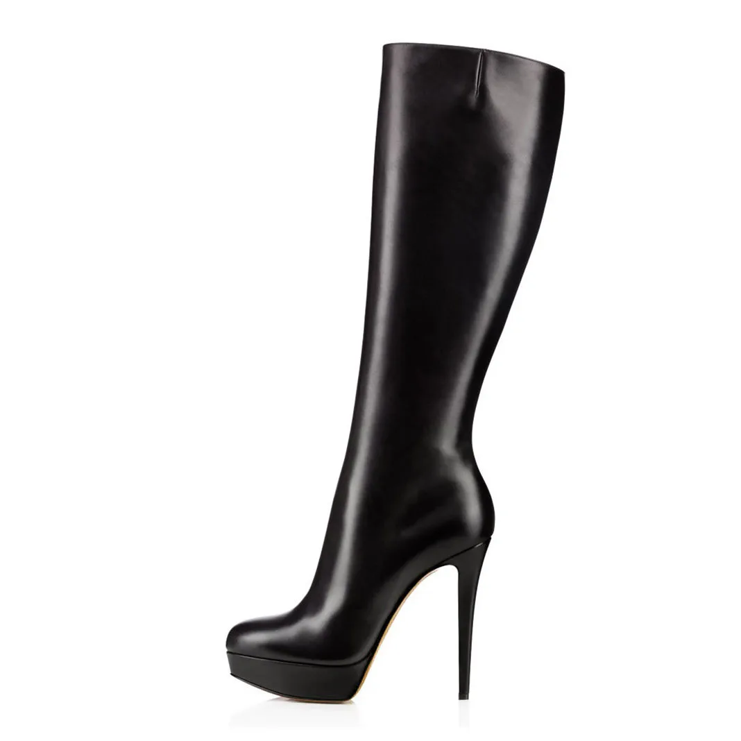 

Arden Furtado 2024 Autumn PU leather Platform stiletto heels Knee high boots Round toe Side zipper high heel Nude Modern boots