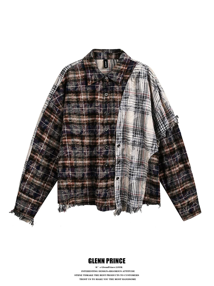 

Мужская удлиненная рубашка GPstudio в американском ретро-стиле с бахромой, клетчатым пэчворком, весна 2025, молодежная мода, свободный крой, без бренда