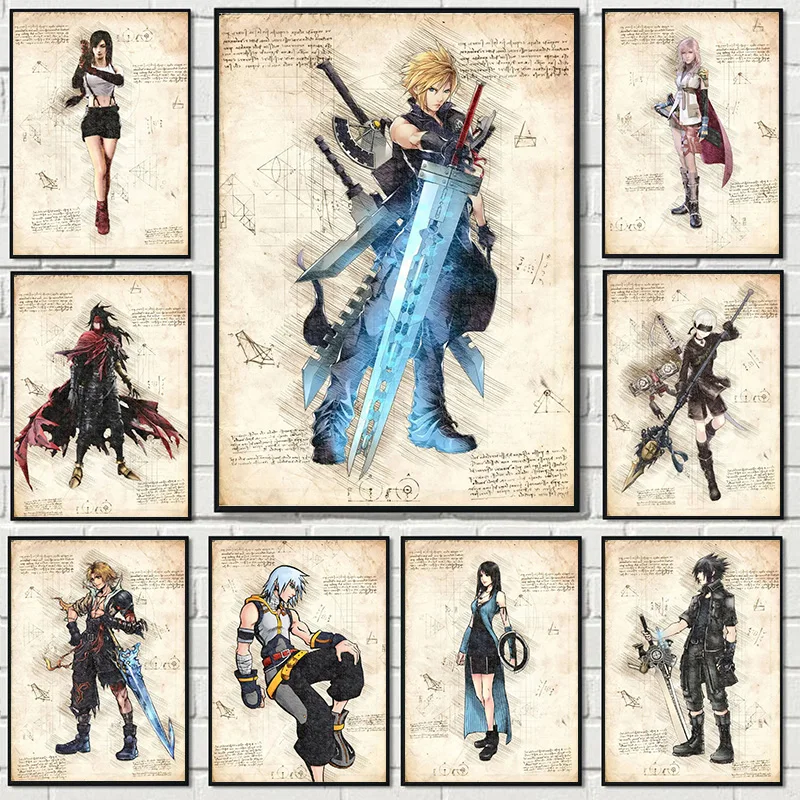 Video Game Final-Fantasy Retro Character Sketch Poster and Prints Canvas Painting Wall Art Pictures Kids Gaming Room Home Decor