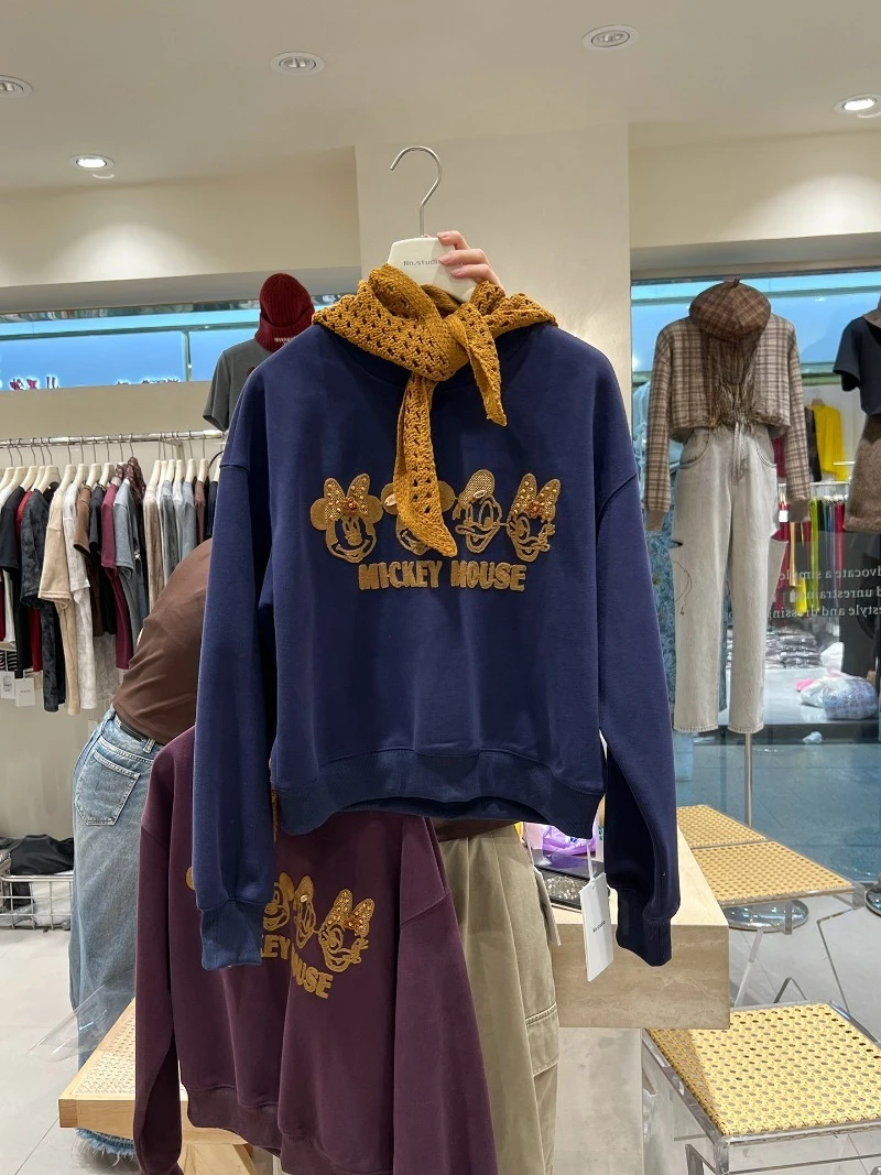 Cartoon Hoodie With Scarf For Women's 2025 Autumn Winter New Fashionable Youthful Round Neck Short Loose Top Jacket Sweatshirts