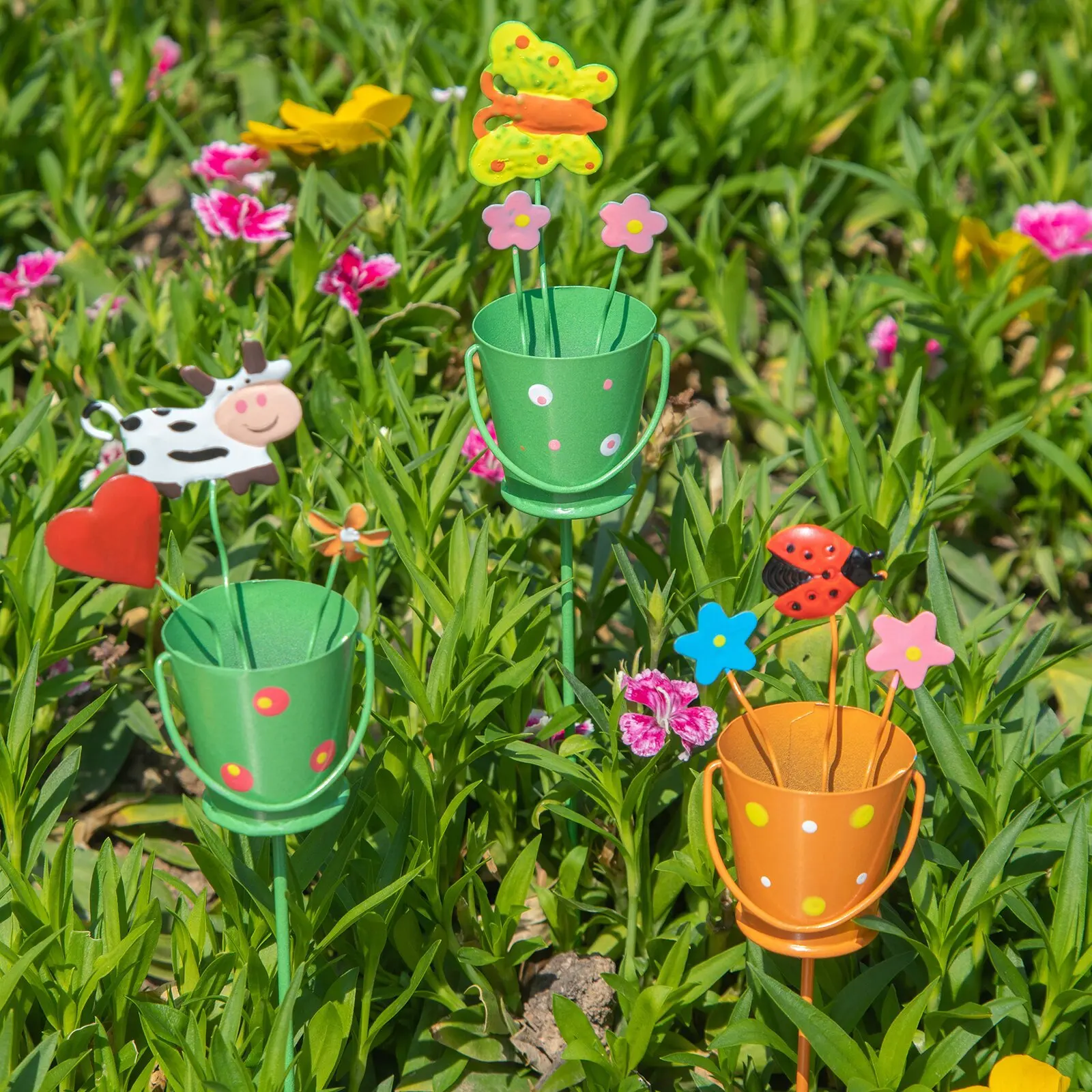 3pcs Metal Ladybug Flower Arrangement Stake Iron Art Ground Plug Outdoor Lawn Courtyard Animal Decorative Ornament