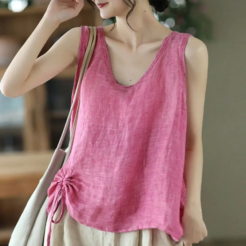 

Womens V-neck Drawstring Cotton And Linen Camisole Vest