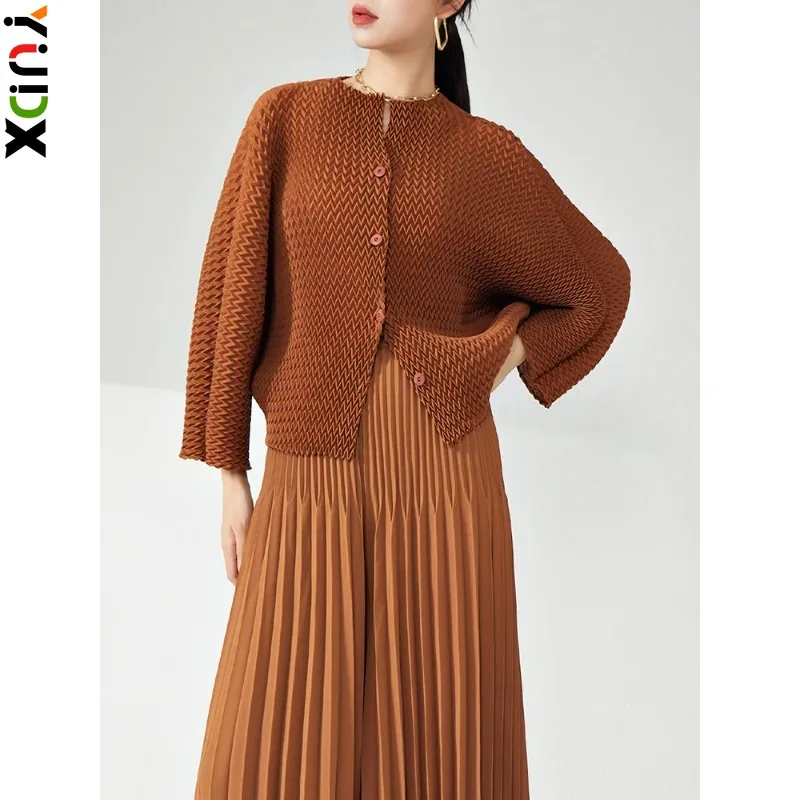 

YUDX Miyake Pleated Woman Jacket Round Collar Versatile Full Sleeve Single Breasted New Spring 2024 Fashion Casual Clothing