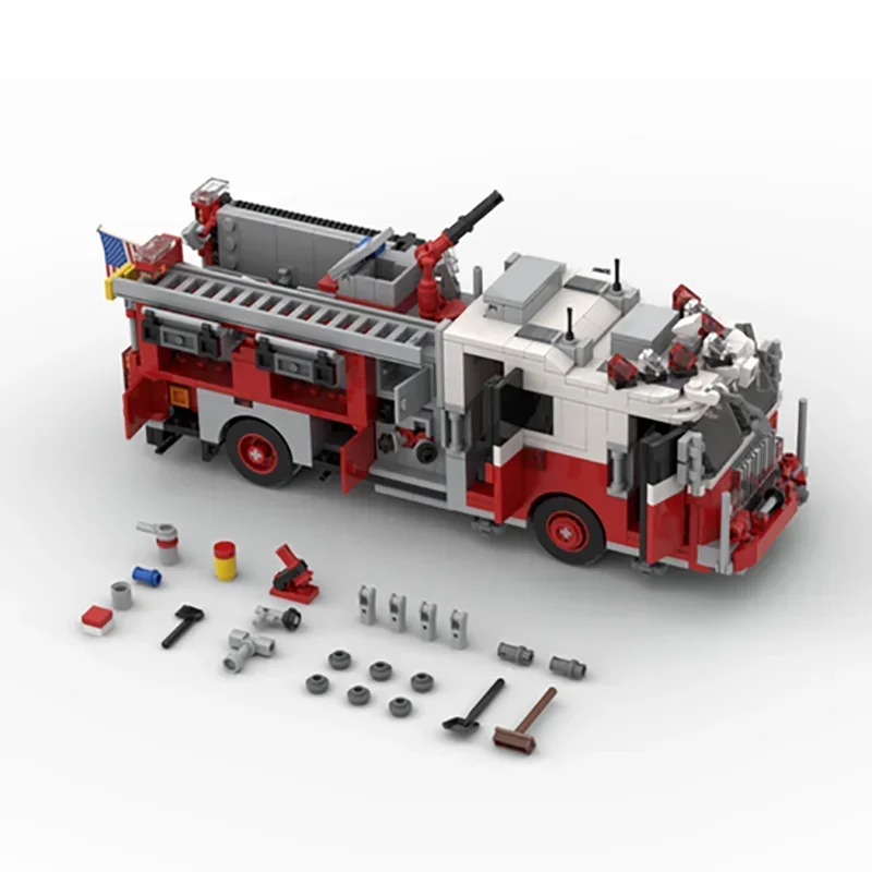 Modelo de vehículo de ciudad Moc, ladrillos de construcción, motor de Bomberos de Nueva York, 34 bloques de tecnología, regalos, juguetes de Navidad, conjuntos de bricolaje, montaje