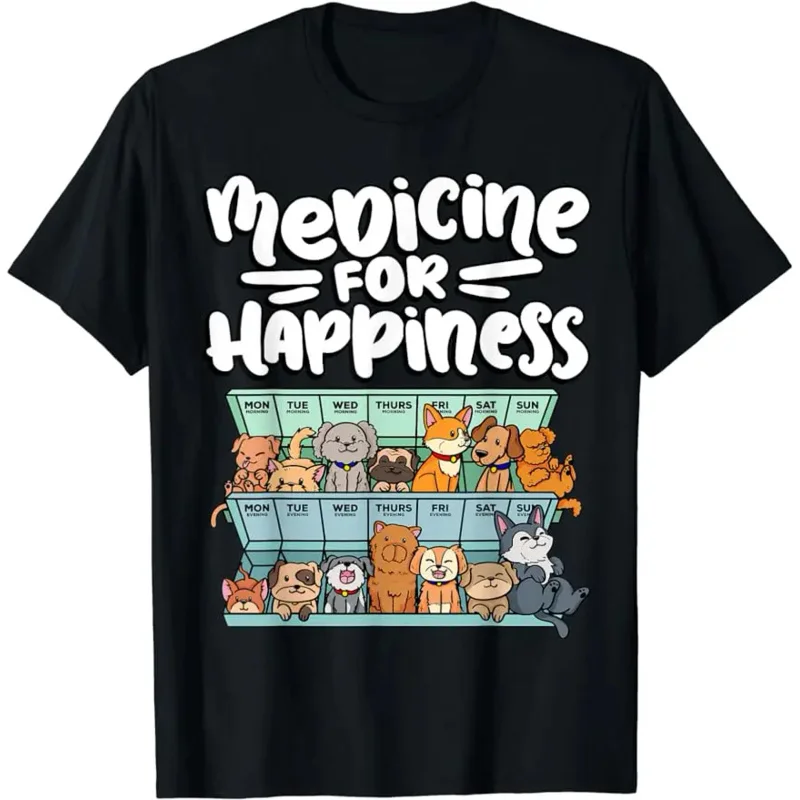 

Medicine for Happiness Pill Box Animals Dog breeds puppies T-Shirt Summer Casual Breathable Short Sleeve