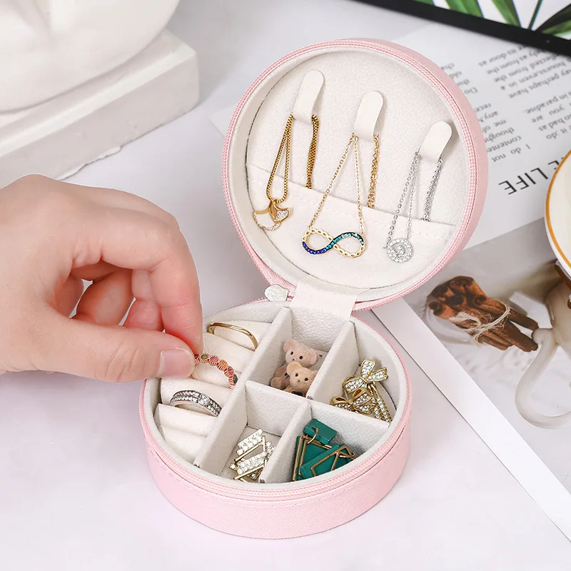 Portable Round Jewelry Box Necklaces Earrings Rings Jewelry Organizer Display Travel Jewelry Case Boxes Pu Leather Storage Box image 3