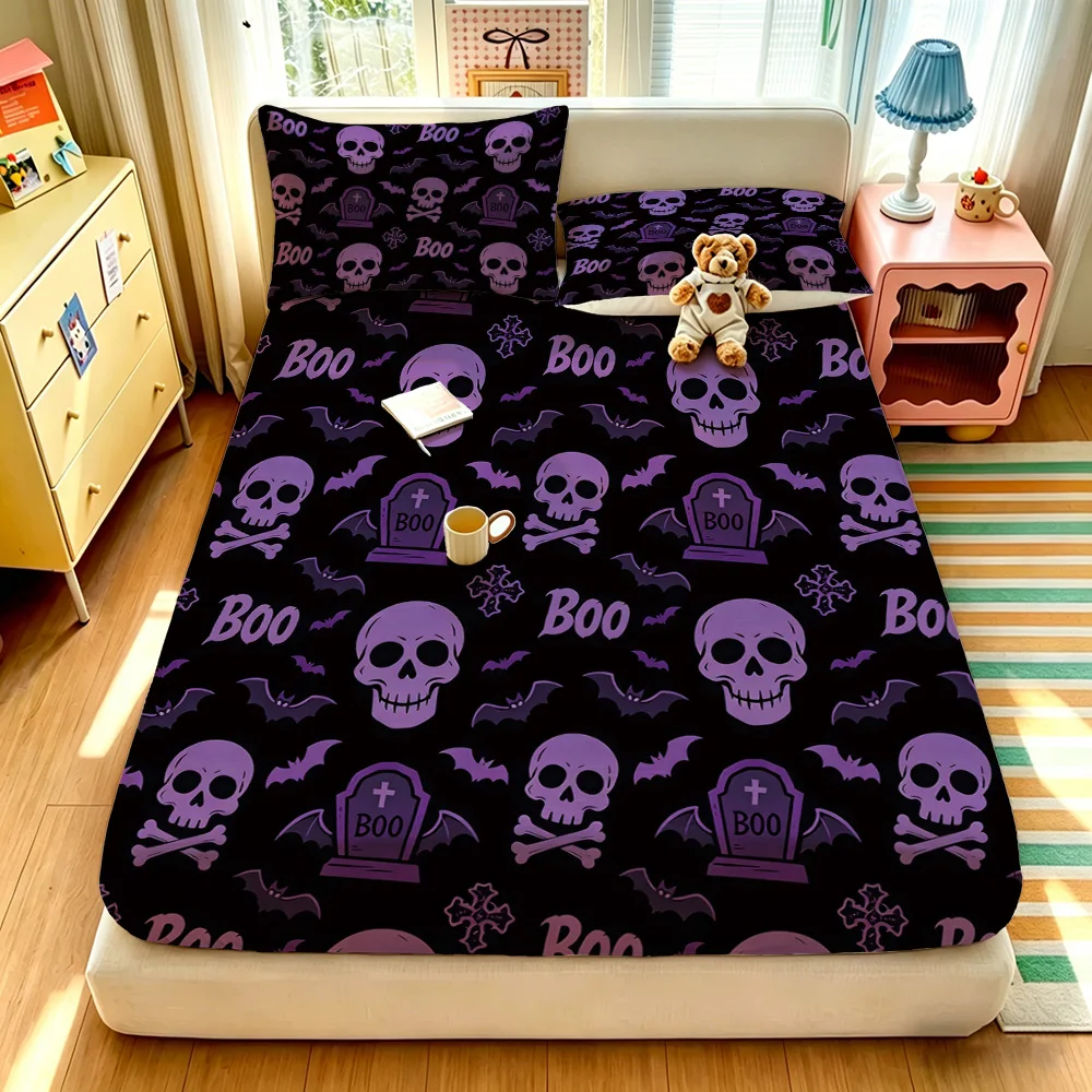 Halloween Skull BOO Fitted Sheet 3PCS Set Purple Skeleton Spooky Bedding Set 1 Fitted Sheet + 2 Pillowcases
