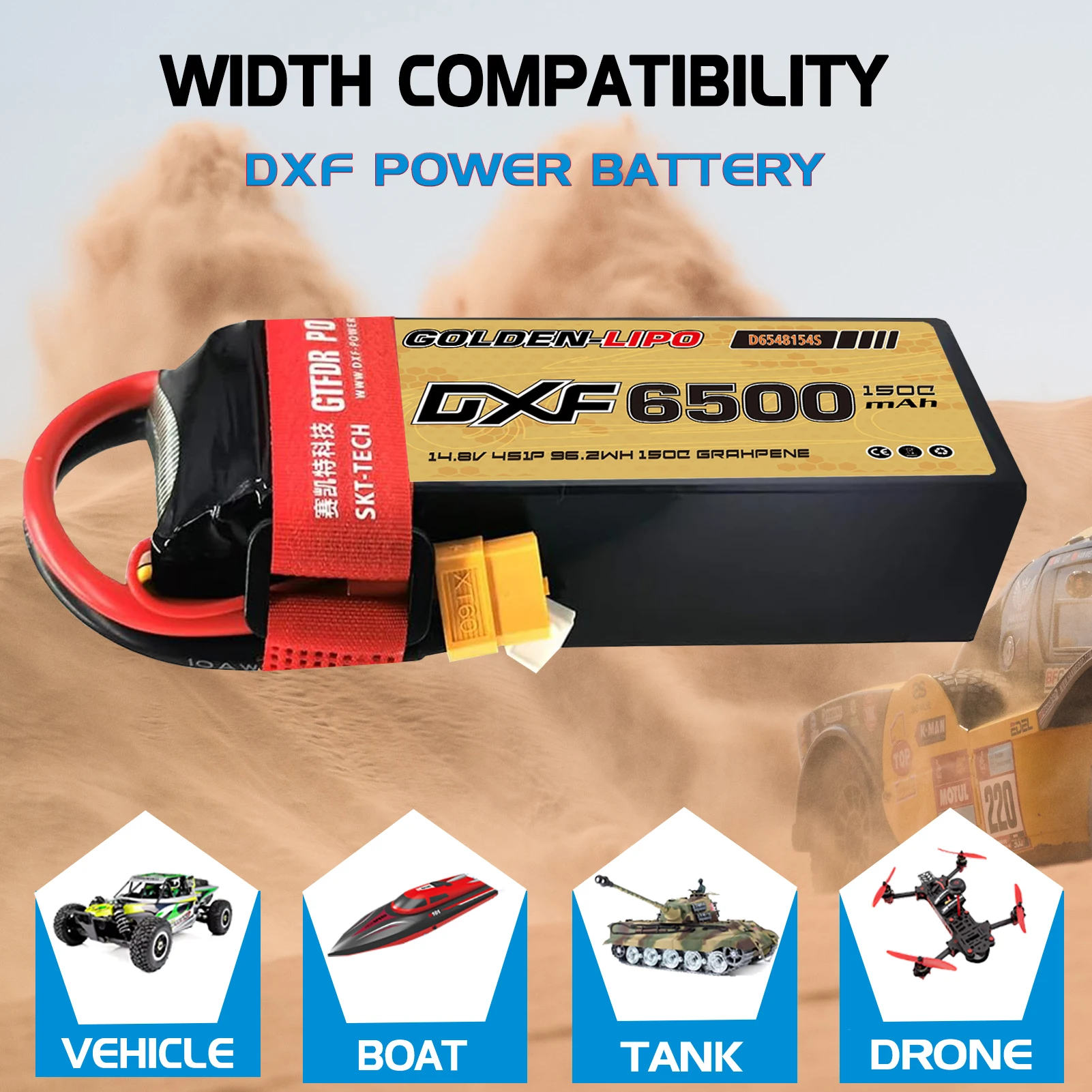 แบตเตอรี่ลิโพ 6500mAh DXF 4S 14.8V 150C พร้อมเคสแข็ง หัวต่อ XT60 สำหรับรถบังคับวิทยุ รถบรรทุก รถถัง รถบักกี้ รถทรักกี้ รถแข่ง งานอดิเรก