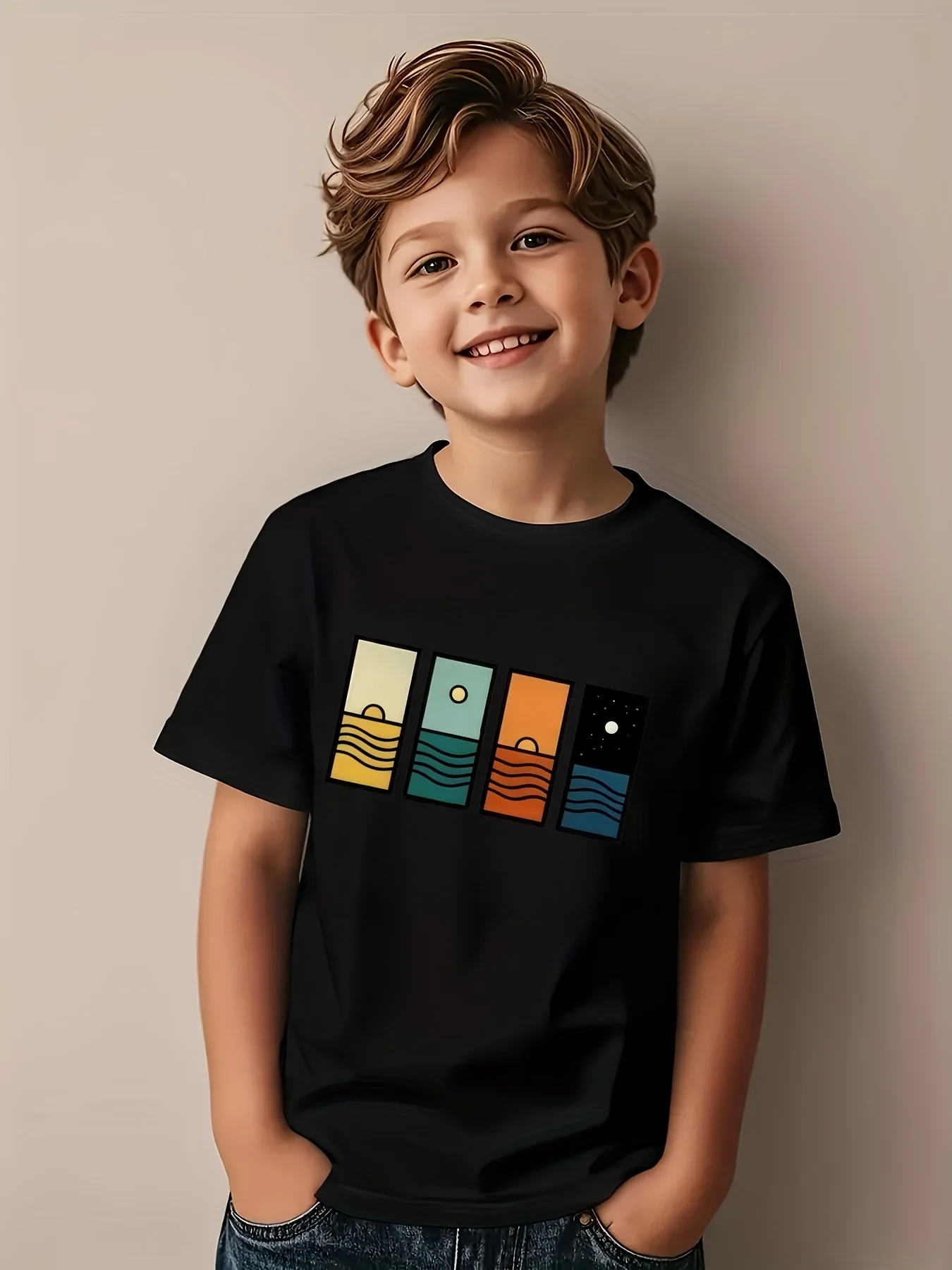 Minimal Four Panel Ocean Sunset Moon Family Matching Cotton T Shirts Short Sleeve Summer Tees For Mom Dad Boys Girls Daily Tops