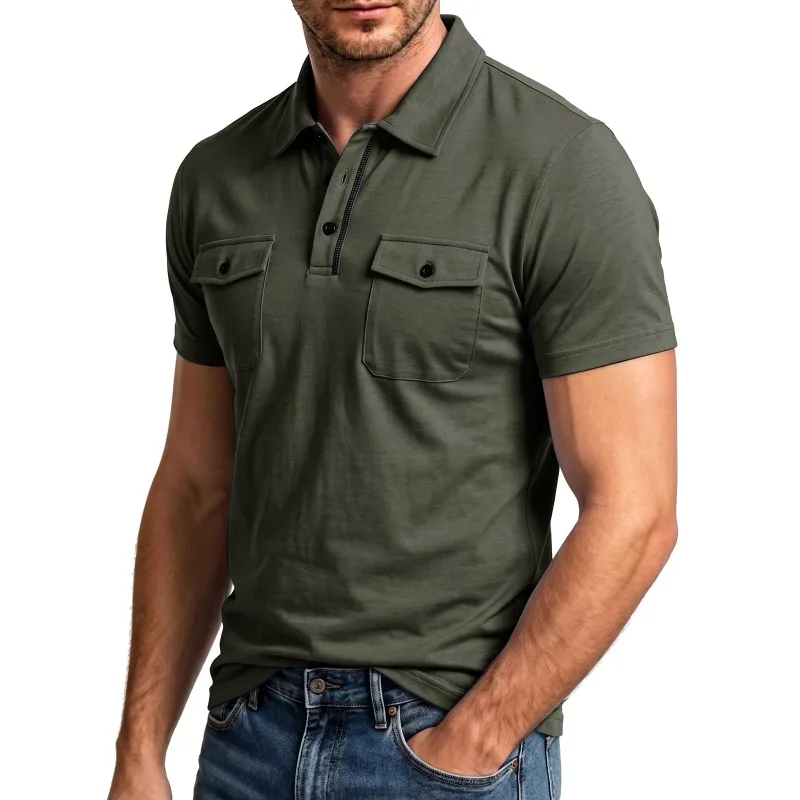 Men's Short Sleeve Polo Shirt With Dual Chest Pockets Slim Fit Casual Top