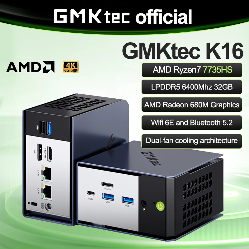 

Мини-ПК MKtec NucBox K16 на базе AMD Ryzen7 7735HS, LPDDR5 6400 МГц, 32 ГБ, SSD PCIe 4.0, Windows 11 Pro, Wi-Fi 6E, Bluetooth 5.2, полнофункциональный USB4.0