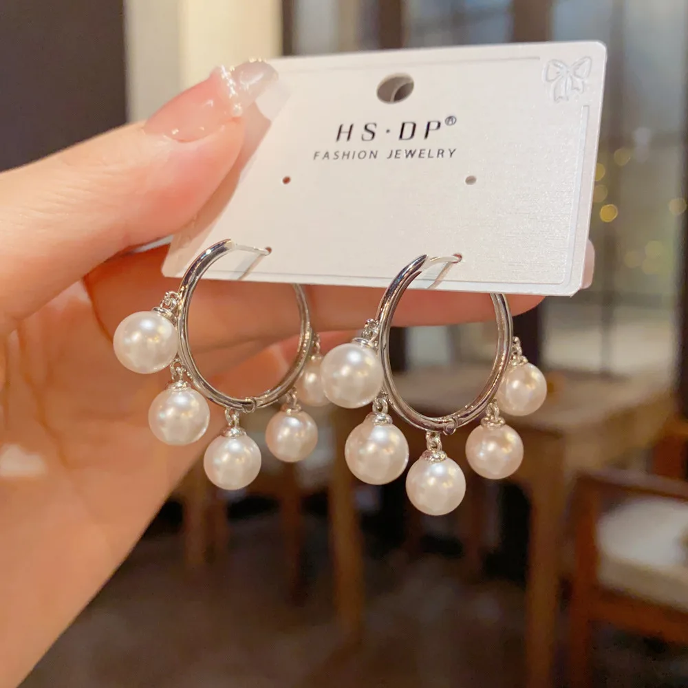 Chic Beaded Hoop Drop Earrings Dangle Sphere Cluster Charm Statement Circle Ear Ring Daily Fashion Light Luxury Accent Jewelry