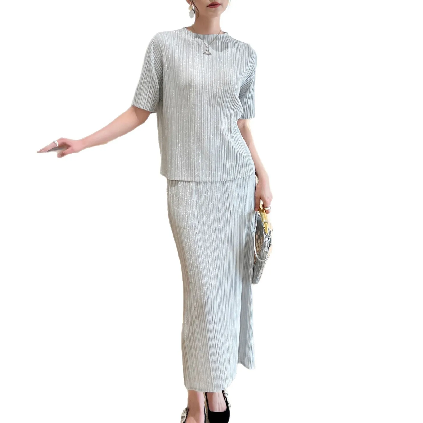 Miyake 2025 Summer T-shirt Women's High-end Pleated Versatile Loose Pleated Glitter Fabric Plisse Casual Pleats Fashion SkirtSet