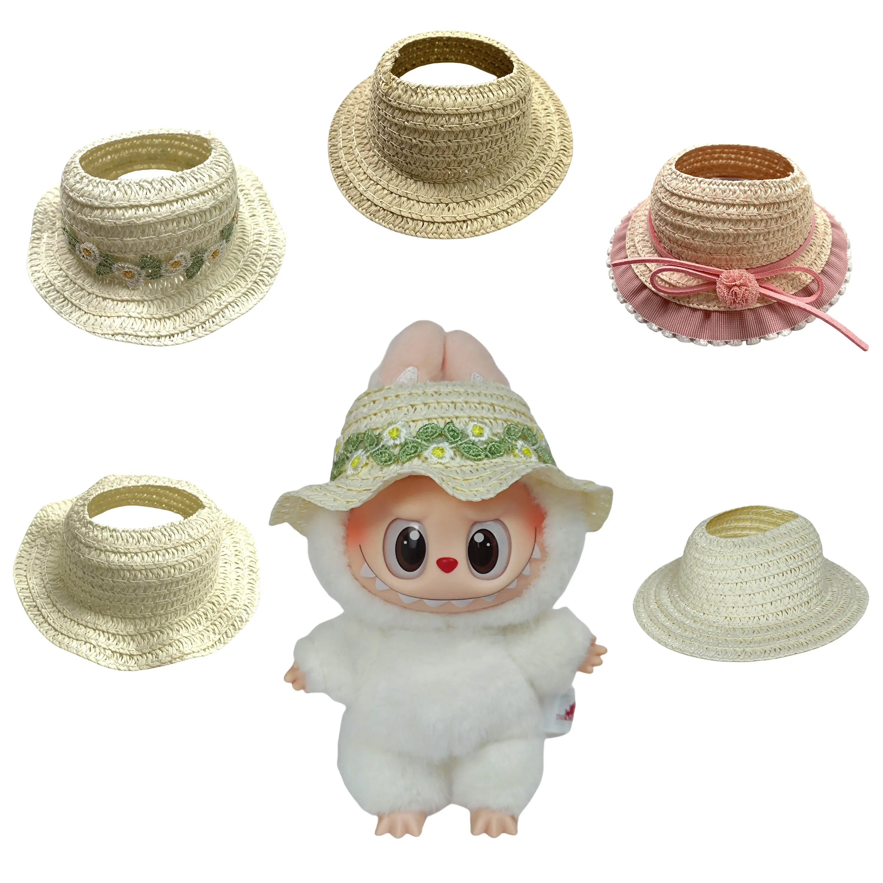 

Одежда для Labubu Generation 1-2 Виниловый наряд Labubu Слепая коробка — Набор ключей с сидящей поза и соломенная шляпа для вечеринки