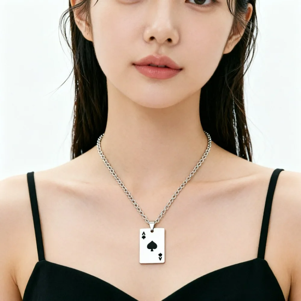 2026 New Hip-hop Declaration Card Spades Heart Stainless Steel Necklace Suitable for Daily Party Travel Fashion Jewelry Gifts