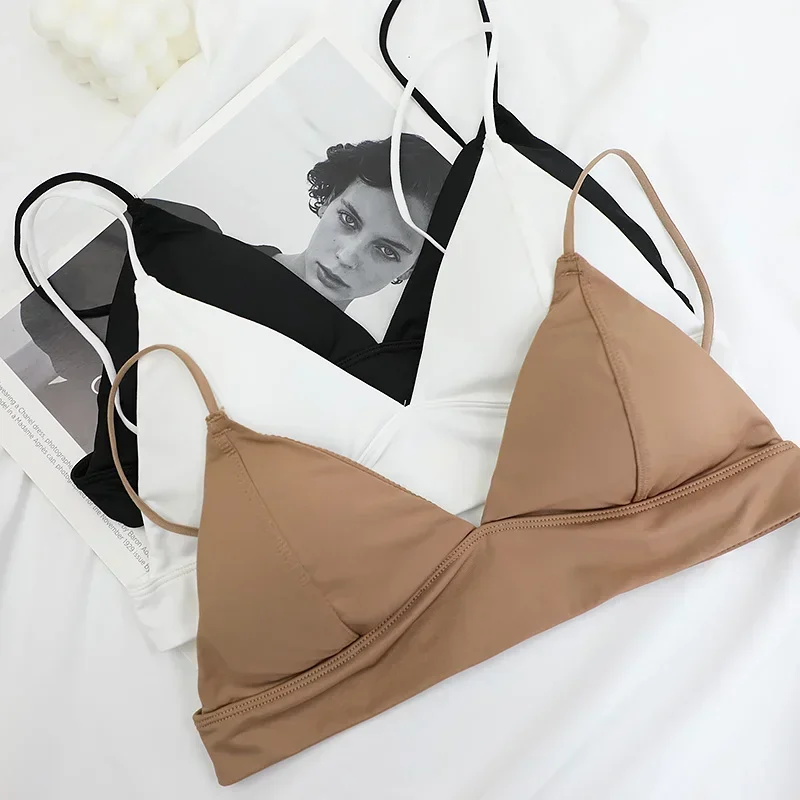 Women Backless Bra Sexy Deep V Tube Top Underwear Ice Silk Soft Seamless Invisible Brassiere Wire Free Bras Thin Cup Bralette